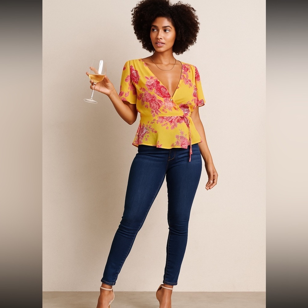 Mango Yellow Flutter Sleeve Wrap Blouse